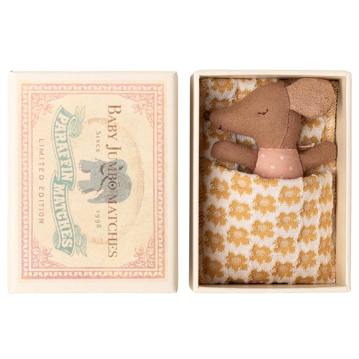 Maileg schläfrige Babymaus in Zündholzschachtel, rosa